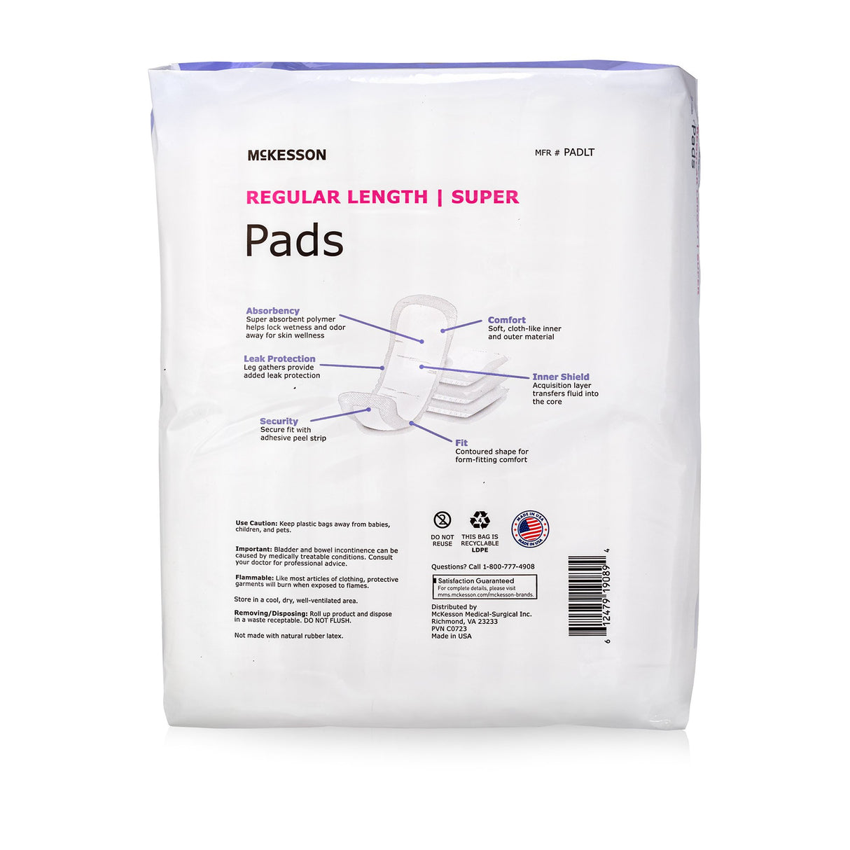 Bladder Control Pad Moderate Absorbency Polymer Core One Size Fits Most