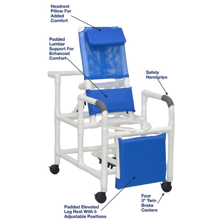 MJM Reclining Shower Chair 24" with Deluxe Elongated Open Front Seat And Elevated Leg Extension