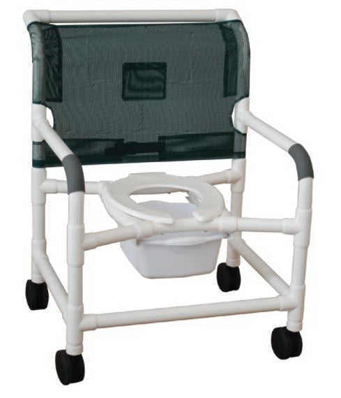 MJM Wide Shower Chair Deluxe Elongated with 10 QT Slide Out Commode Square Pail and Full Backrest Mesh Sling 425 lb
