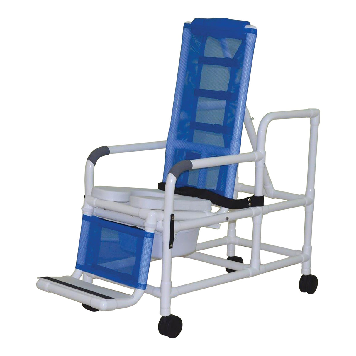 MJM Reclining Shower Chair Deluxe Elongated Front Soft Seat Elevated Leg Extension with 10 qts Slide Out Commode Pail