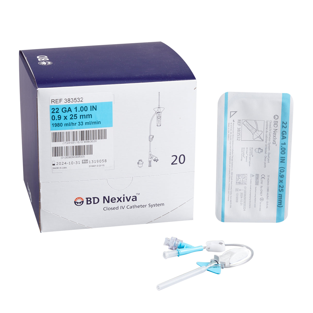 Mckesson Closed IV Catheter Nexiva 1 Inch Vialon Biomaterial Winged Hub Blood Control Dual Port