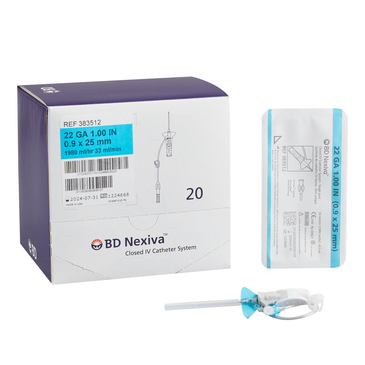 Closed IV Catheter Nexiva Vialon Biomaterial Winged Hub Blood Control Single Port