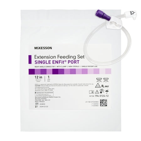 McKesson Bolus Enteral Feeding Extension Tube Set EnFit Secure Lock Right Angle Connector and Clamp